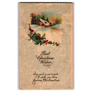 Vintage 1910 Christmas Postcard Snowy Cottage Holly Greetings